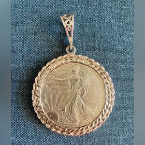 Coin Pendant 1oz 2000 American Eagle Silver Dollar with Sterling Rope Bezel